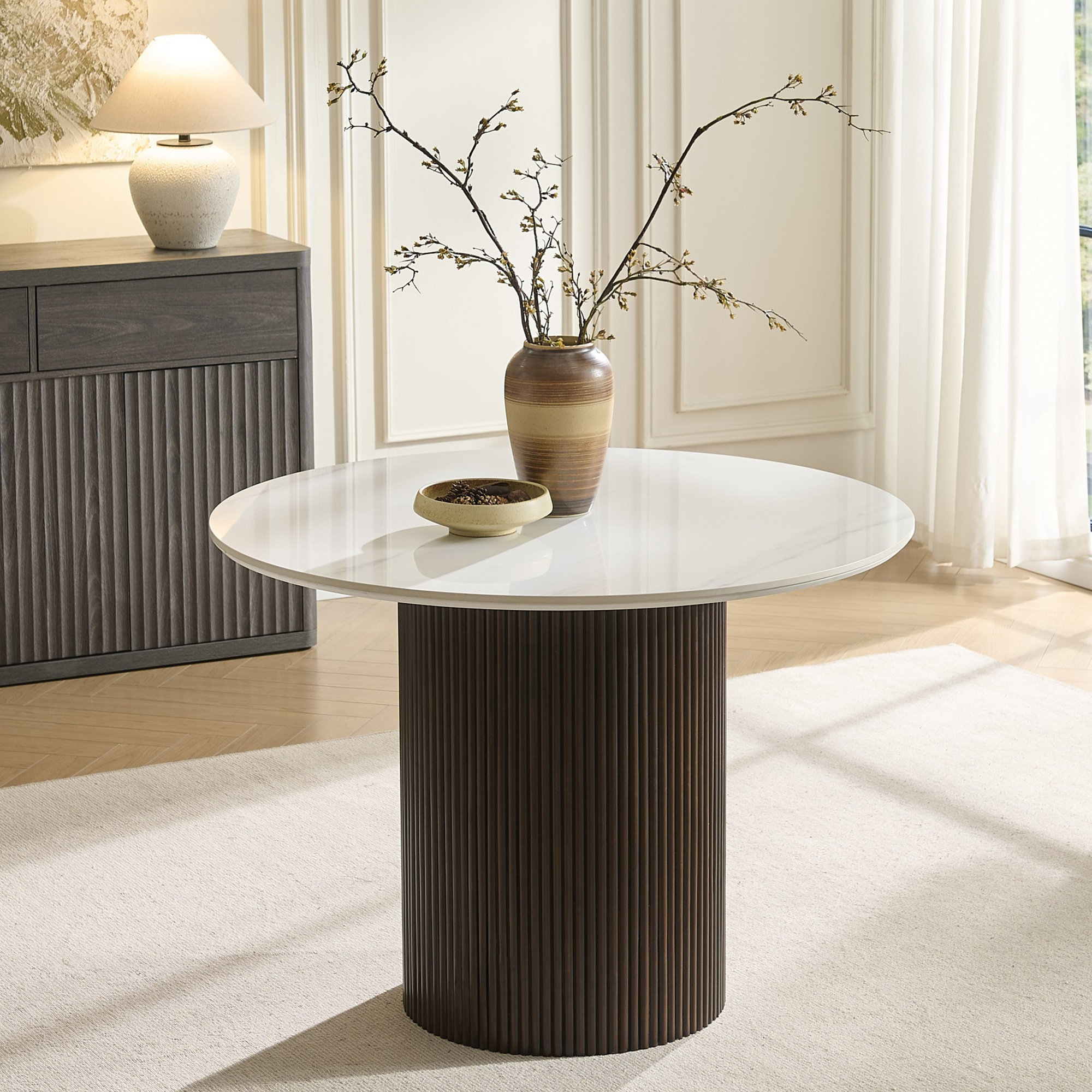 Ivy Bronx Round Faux Marble Dining Table With Wood Fluted Base ...