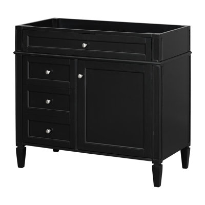 Meuble-lavabo de 36 po de style moderne, 2 tiroirs et un tiroir basculant, organisateur de porte d'armoire, tablette réglable, glissières de tiroir en métal lisse, rangement divers, pieds romains, poignées texturées, noir, solide