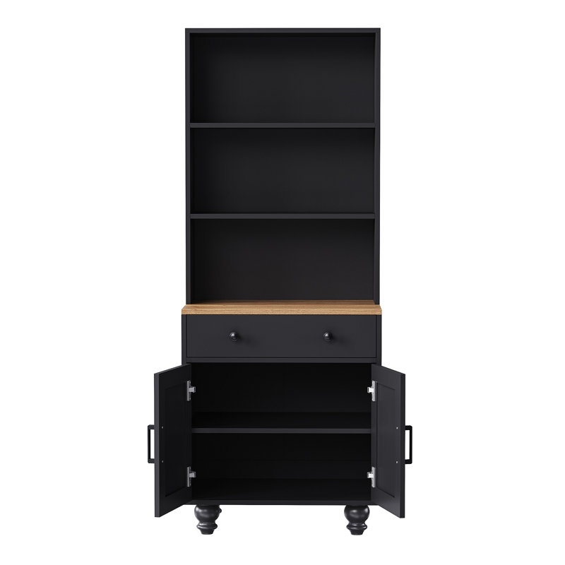 Armoire de rangement Farmhouse avec 4 pieds en bois massif en forme de gourde, armoire de cuisine moderne avec tablettes réglables, bibliothèque à 5 niveaux avec tiroir pour le salon, noir
