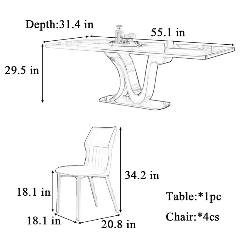 Table et chaise de luxe domestique, Blanc / brun, H 29,5 po x L 55,1 po x l 31,4 po