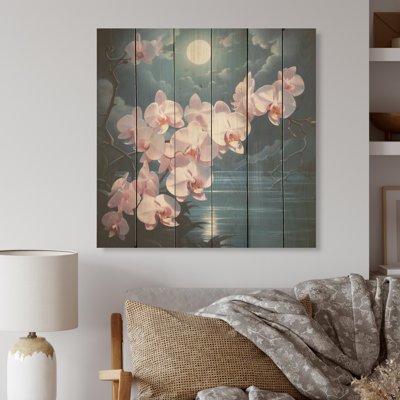 Orchidées au clair de lune, art sur bois de pin naturel