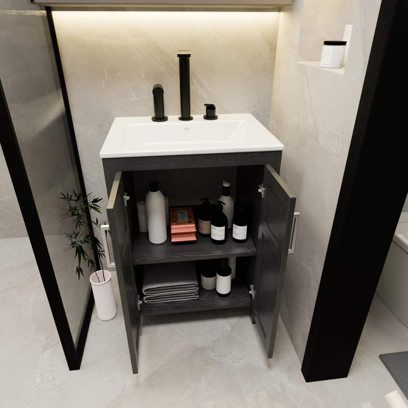 Meuble-lavabo noir de 24 pouces avec lavabo en céramique blanche, finition lisse et imperméable