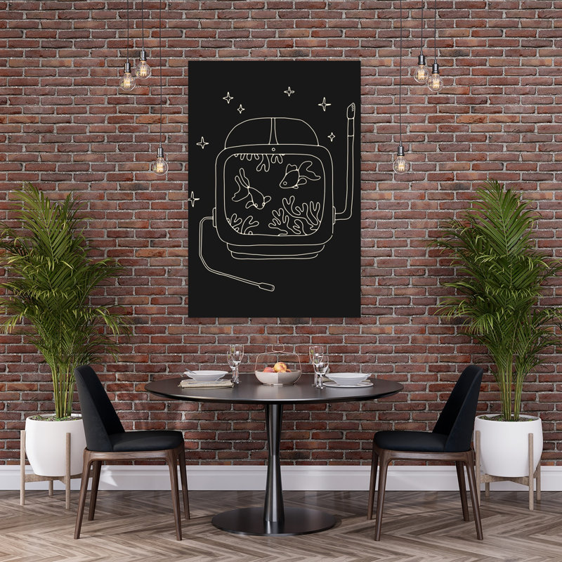 Affiche murale abstraite contemporaine représentant un casque de poisson fantaisiste dans un paysage de poissons, avec des poissons et une nature.