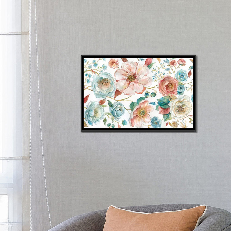 «Rose Garden» par Carol Robinson, reproduction sur toile tendue, H 18 po x l 26 po x P 1,5 po, Toile encadrée noire