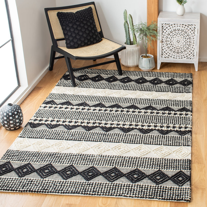 Tapis rayé en laine / coton ivoire / noir Stimpson, Rectangle 8 pi x 10 pi