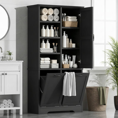 Grande armoire de rangement noire pour salle de bain, armoire à linge autoportante avec tablettes réglables et panier à linge double inclinable
