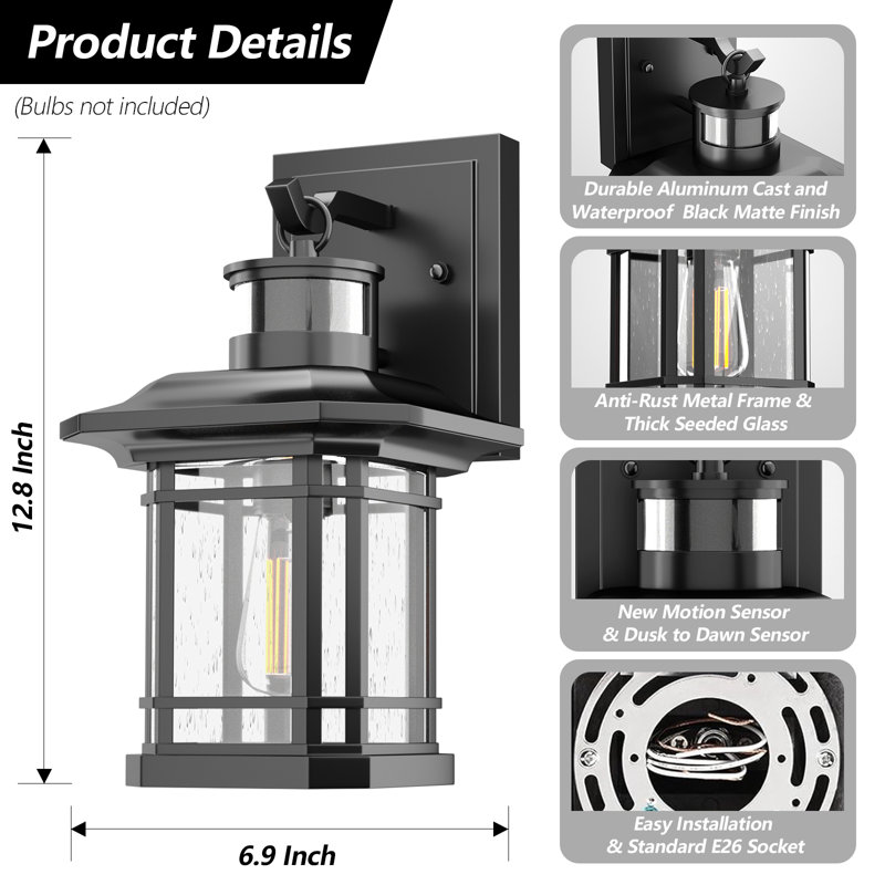 Outdoor Light Fixture With Motion Sensor, Dusk To Dawn Modern Exterior Porch Lights Wall Mount, Anti-Rust 100% Aluminum Outdoor Wall Lantern, Black Farmhouse Outdoor Wall Light For Garage Backyard(Bulb Not Include)