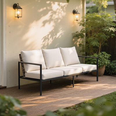 72in Outdoor Aluminum Outdoor 3-seat Sofa with PE Wicker Backrest & Thick Cushion for Patio, Deck, Balcony & Garden