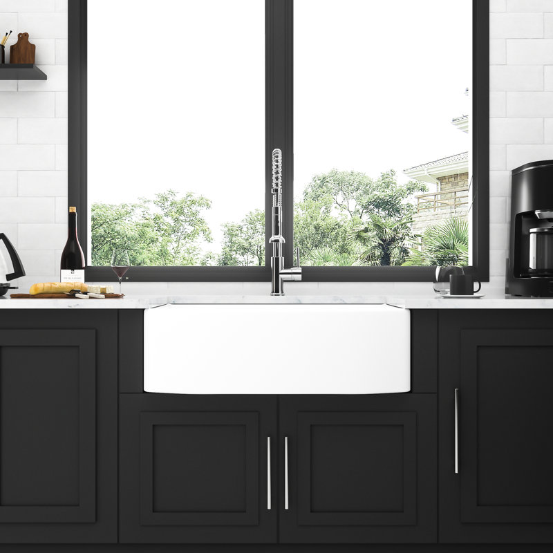 30" White Ceramic Sink - Apron Front Arch Edge Single Bowl Front, Durability