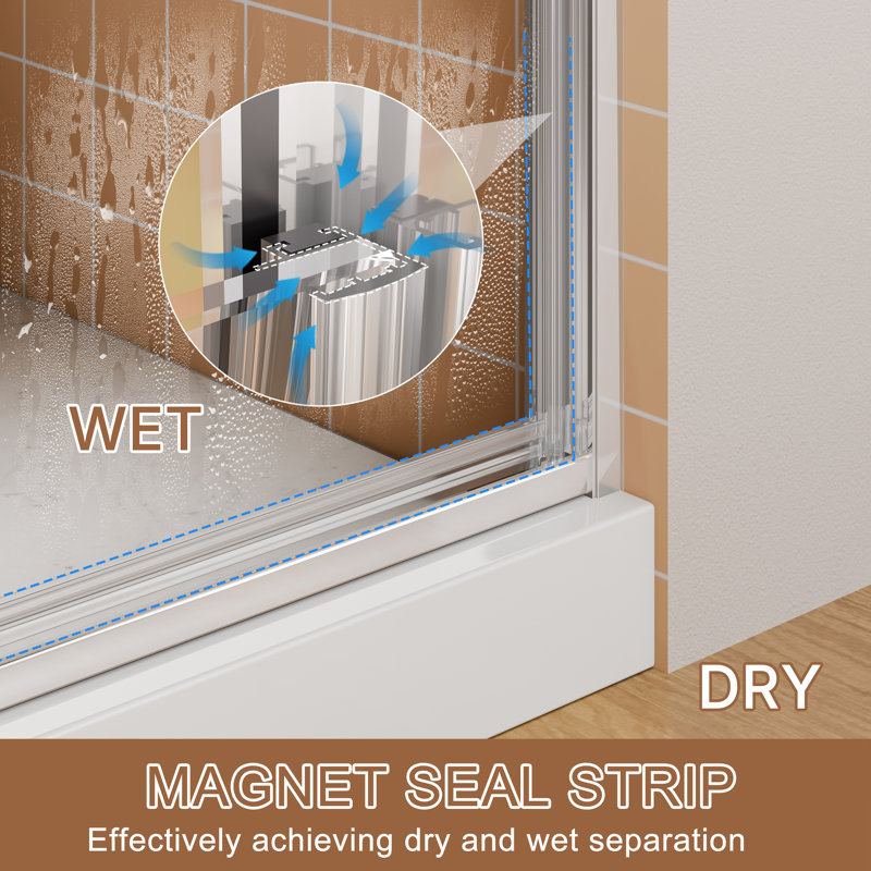  Porte de douche pivotante semi-sans cadre H 44 po x l 71 po avec verre trempé anti-déflagrant de 1/4 po (6 mm) Wynnt, quincaillerie en acier inoxydable, cadre en aluminium chromé