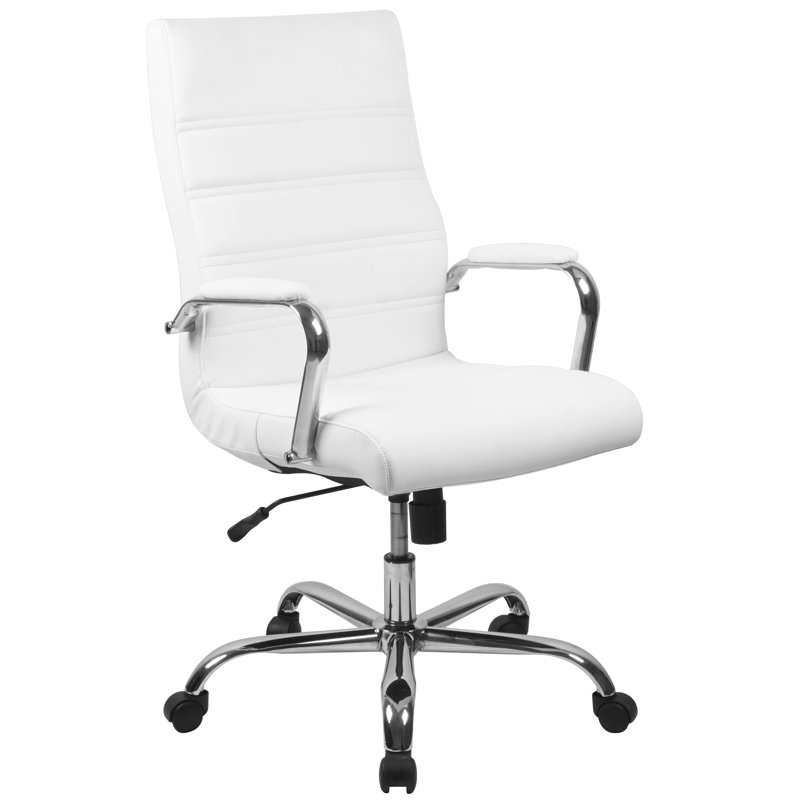 High Back Executive Swivel Office Chair with Metal Frame and Arms, White/Chrome