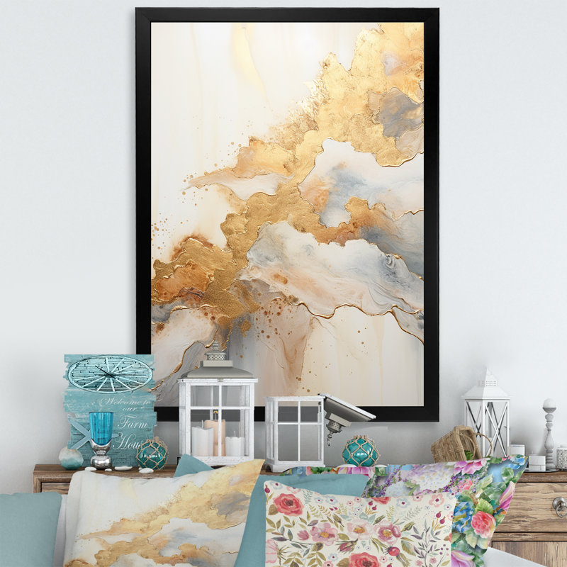 " Beige And Gold Minimalism River Mountain Wonders ", Black Single Picture Framed, 32"H x 16"W x 1"D
