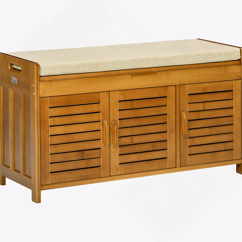 Banc à chaussures avec armoires de rangement, banc d'entrée en bambou avec coussin de siège, 3 portes et compartiment caché pour le couloir, brun
