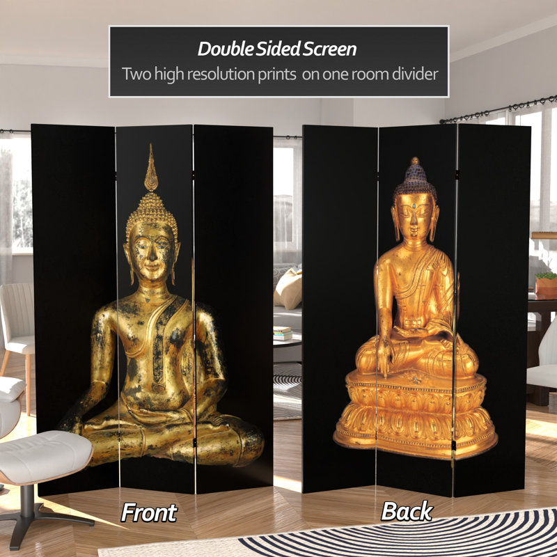Buddha Art Canvas Folding Room Divider, Black/Gold
