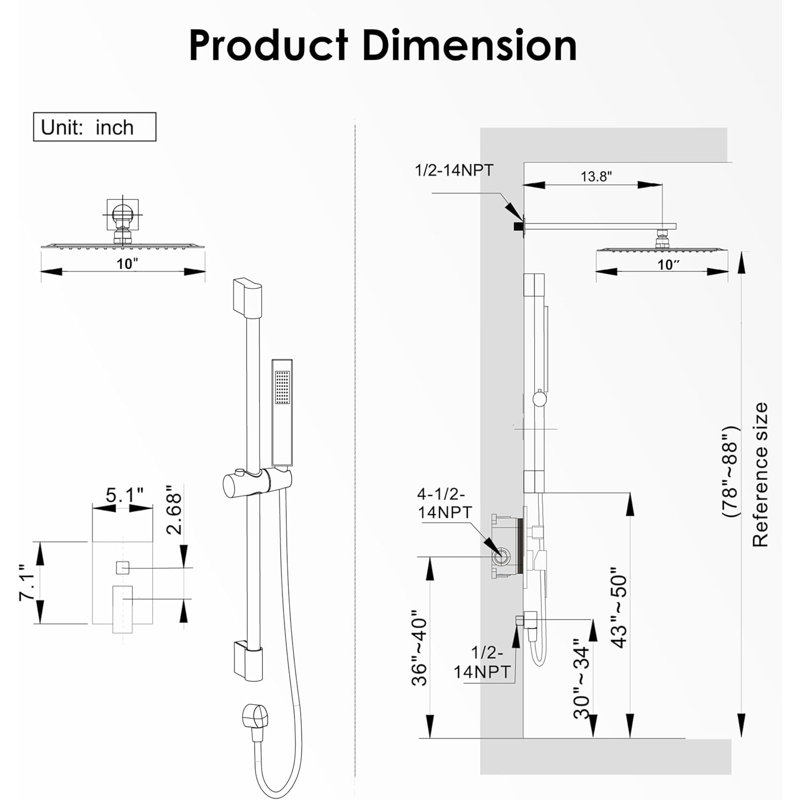 Wall Mounted Slide Bar Shower Faucet with 10 Inches Rain Shower Head and Handheld Spray Combo, Shower Mixer with Valve, High Pressure Shower Head Set