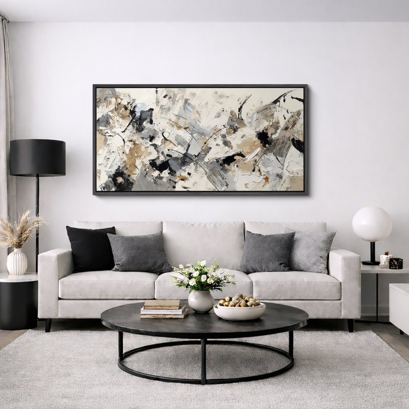 «Black and Beige Modern Abstract Expressionist Composition», très grandes photos, impression sur toile encadrée, Noir