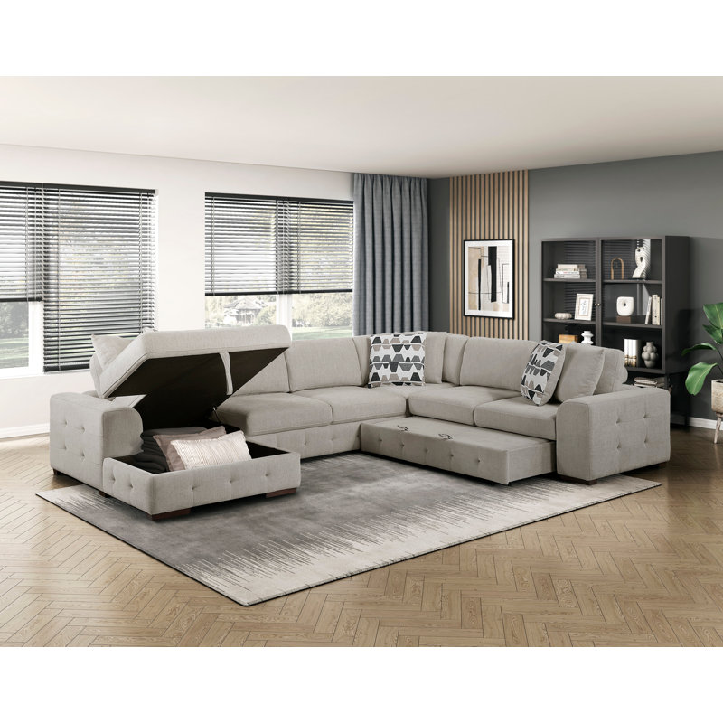 Canapé d'angle monobloc en contreplaqué et bois massif, couleur taupe, avec méridienne de rangement, 35" H x 143" W x 112" D