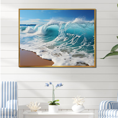 Turquoise Power Of Ocean Wave I - Coastal Framed Canvas Print Wall Art