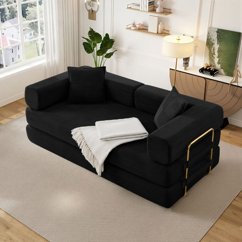 Addisin King-Size Foldable Sleeper Sofa Bed – Convertible Compression Mattress Couch with 2 Removable Bolster Armrests & 2 Pillows