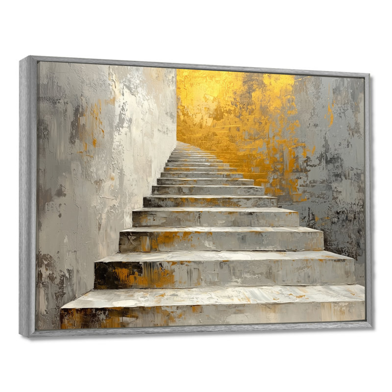 «Urban Silence Stairs To Heaven II», art mural futuriste, Argent argent, Impression encadrée flottante, H 24 po x l 32 po