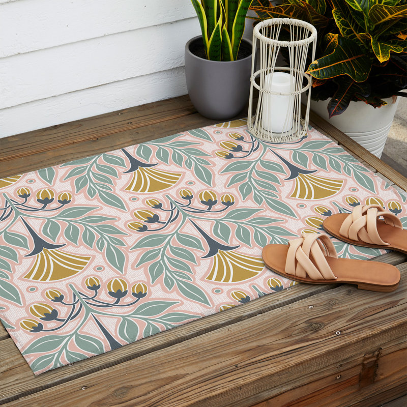 Tapis d'extérieur rectangulaire en polyester / chenille tissé à plat à motif floral vert Talamantes, Rectangle 2 pi x 3 pi