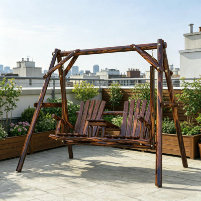 Balancelle en bois avec support, balancelle de patio 2 places avec table centrale