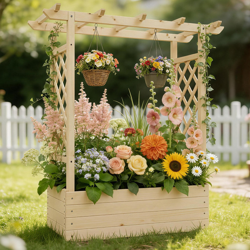 Boîte à fleurs en bois avec treillis Sabeera, Naturel