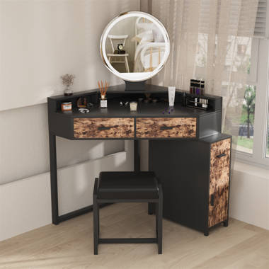 Modern Corner Makeup Vanity Table with LED Lighted Mirror, Vanity