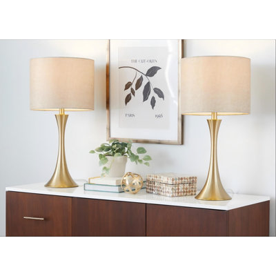 Lampe de table contemporaine 24 "en métal, finition dorée avec abat-jour en lin métallique doré, ensemble de 2
