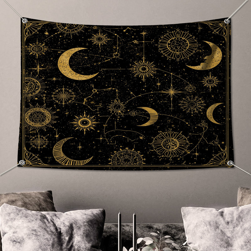 Tapisserie murale «Golden Celestial Moons» - Astrologie, H 68 po x l 80 po avec 4 œillets