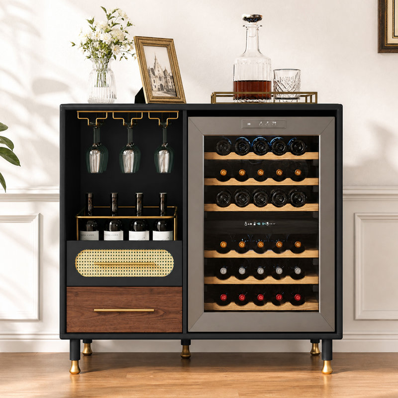 Meuble-bar de 95 cm avec compartiment réfrigérateur et casier à vin - Coin café moderne avec espace de rangement pour le vin de type tiroir
