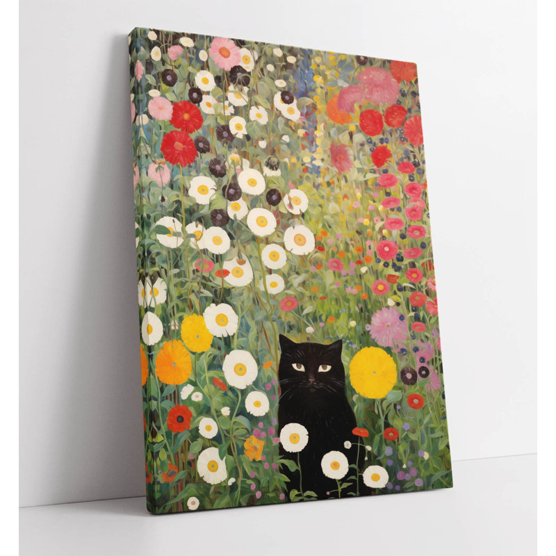 Gustav Klimt Style Cat in Flowery Garden 1 Canvas Wall Art Print Picture, 119.38 cm H x 81.28 cm W