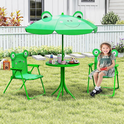 Kids Table and Chair Set, Outdoor Folding Picnic Table with Adjustable Umbrella, Steel Frame Children's Garden Furniture for Patio & Backyard