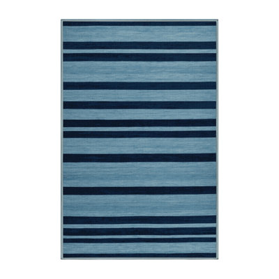 Tapis bleu à rayures horizontales lavable à la machine