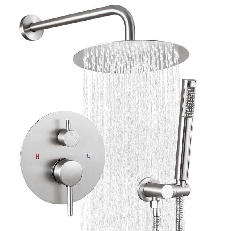 Modern Round Shower System, Rain Shower Head with Handheld Spray, Shower Faucet Set, Brushed Nickel