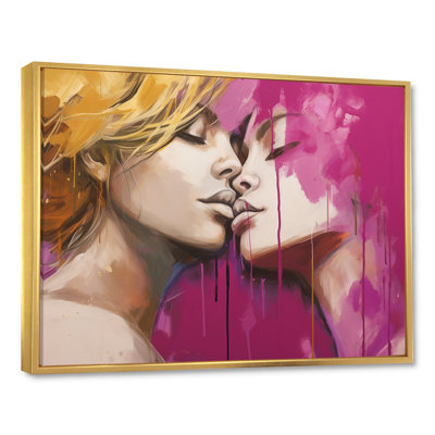 «Pink and Yellow Women Kiss II», art mural romantique