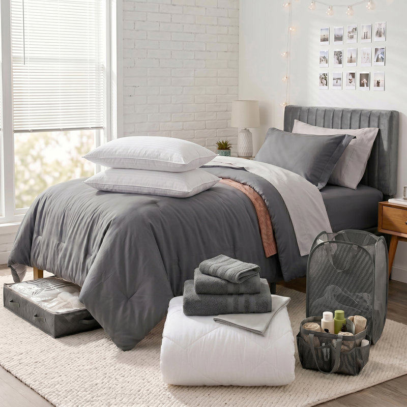 Ensemble de dortoir pour Collège simple 16 pièces AMYX, Velvet Headboard, Grey, Down Alternative pillows