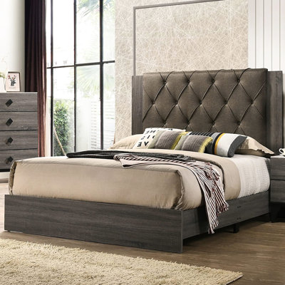 Grand lit contemporain, gris, tête de lit, bois d'hévéa, fini gris moderne pour chambre à coucher, bois d'hévéa