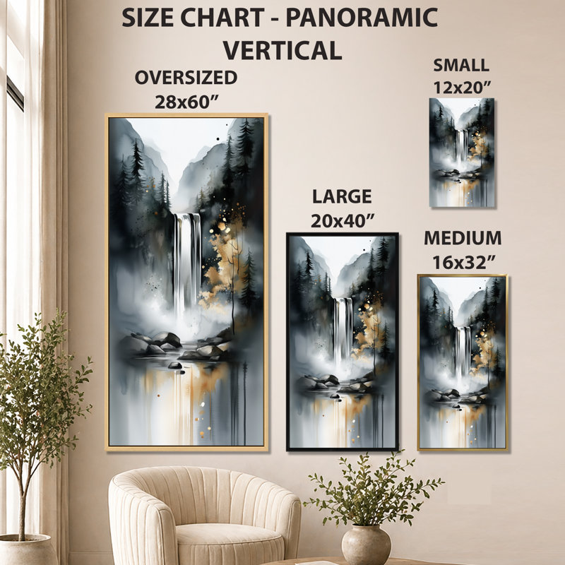«Gray Gold Autumn Waterfall Forest Trail II», reproduction d'art encadrée sur toile, 60" H x 28" W, Toile tendue