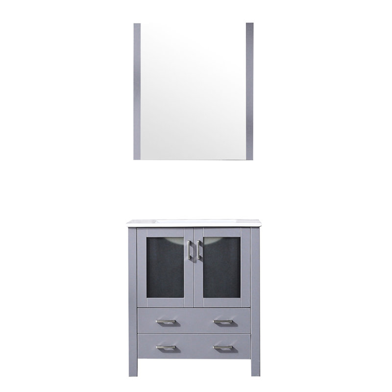 30 po Meuble-lavabo gris foncé, couche supérieure en céramique blanche, miroir mural rond de 28 po, fonctionnalité de fermeture en douceur, deux tiroirs et une armoire de salle de bain à largeur de rangement
