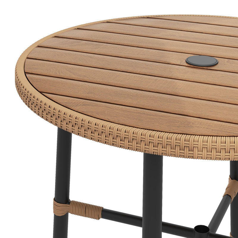 Ensemble de salle à manger 5 pièces en rotin PE pour l'extérieur - Table ronde avec trou pour parasol et 4 chaises en osier