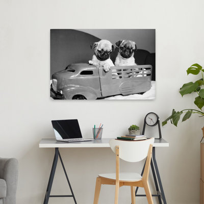 1940S Two Funny Pug Dog Puppies Sitting In Back Of Toy Truck Classic Retro Vintage Dog Wall Art