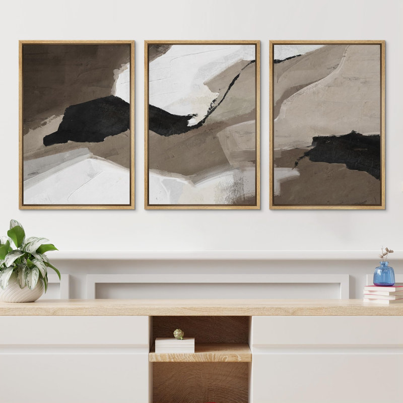" Contemporary Abstract Neutral Tones Illustration Modern Art Decor Zen " 3 - Pieces, Naturel, H 24 po x l 16 po x P 1,5 po