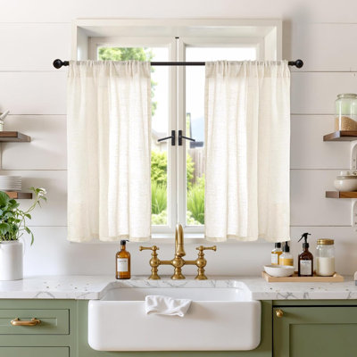 Linen Kitchen Window Curtains Over Sink, Cafe Drapes Beige Semi Sheer with Rod Pocket Light Filtering , 2 Panels Set