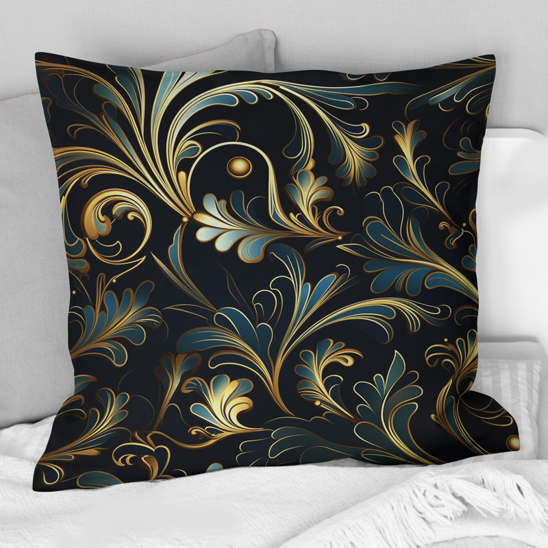 Coussin décoratif doré et vert à motif damassé de luxe II - imprimé ikat, H 16 po x l 16 po