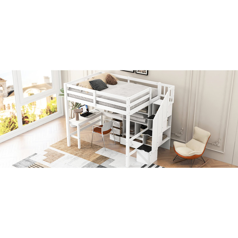 Lit mezzanine double avec bureau en forme de L, tiroirs, armoire et escalier de rangement attrayant dans un ornement de style pratique blanc pur