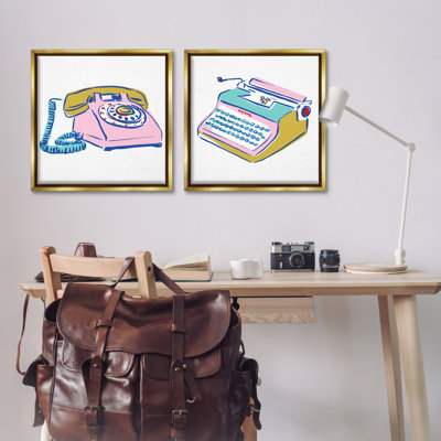Vintage Rotary Phone Typewriter Drawing 2 PC Framed Floater Canvas Set by June Erica Vess