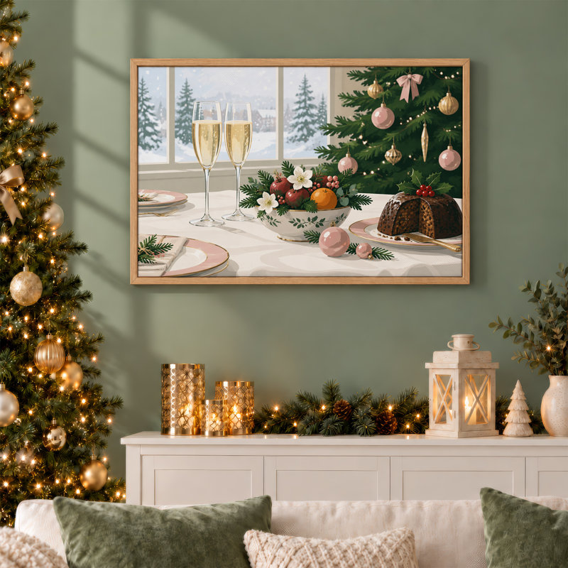 «Champagne Flutes and Pudding on Winter Table Christmas», art mural sur toile, H 36 po x l 48 po
