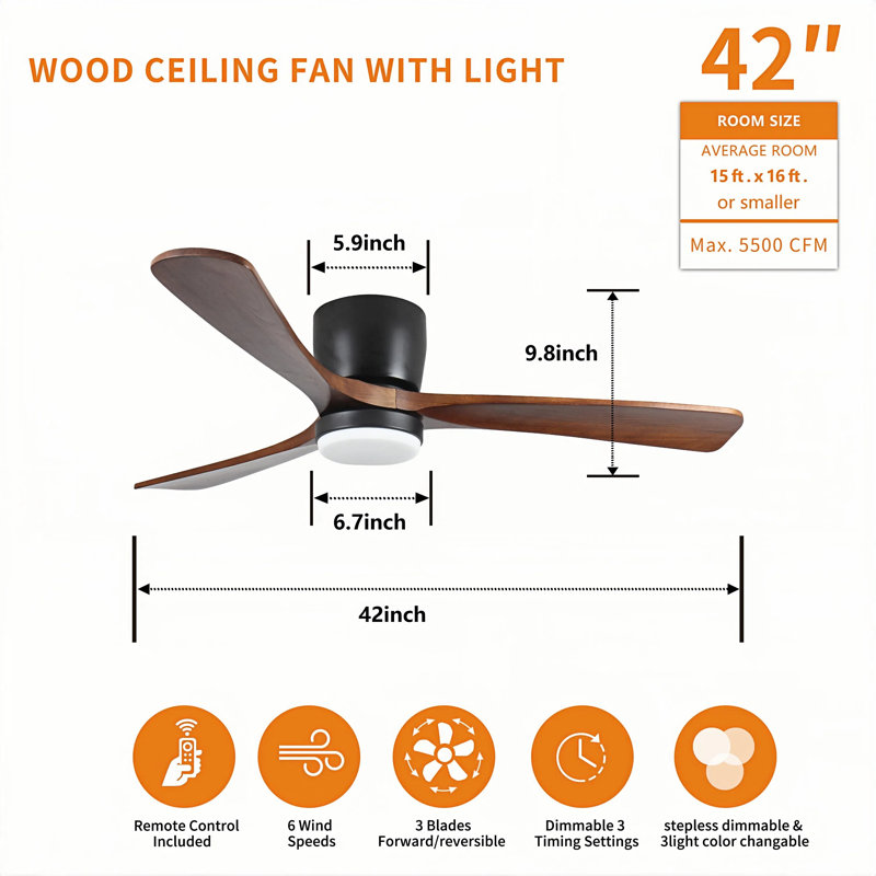 Silent Powerhouse: 42" Low-Profile Flush Mount Ceiling Fan With Smart Remote & Reversible DC Motor, Black