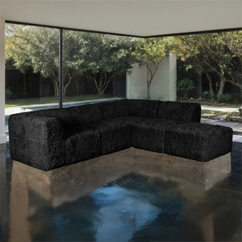Canapé modulaire en L 5 pièces Colletti, Similifourrure noire